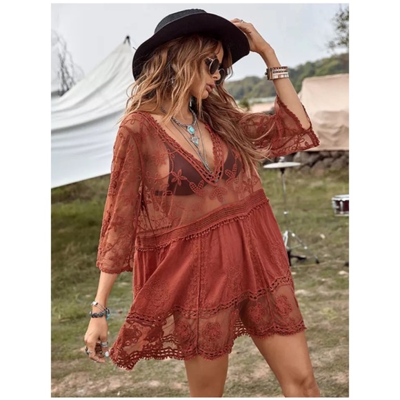 New Bohemian V Neck Crochet Mesh Dress - Picture 4 of 8